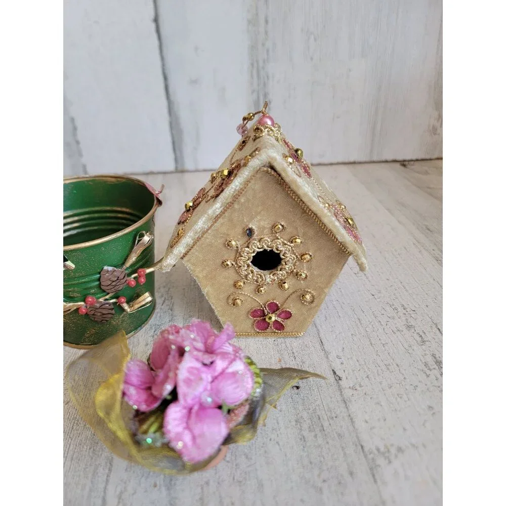Unique‎ bird house bucket bird ornament Xmas set